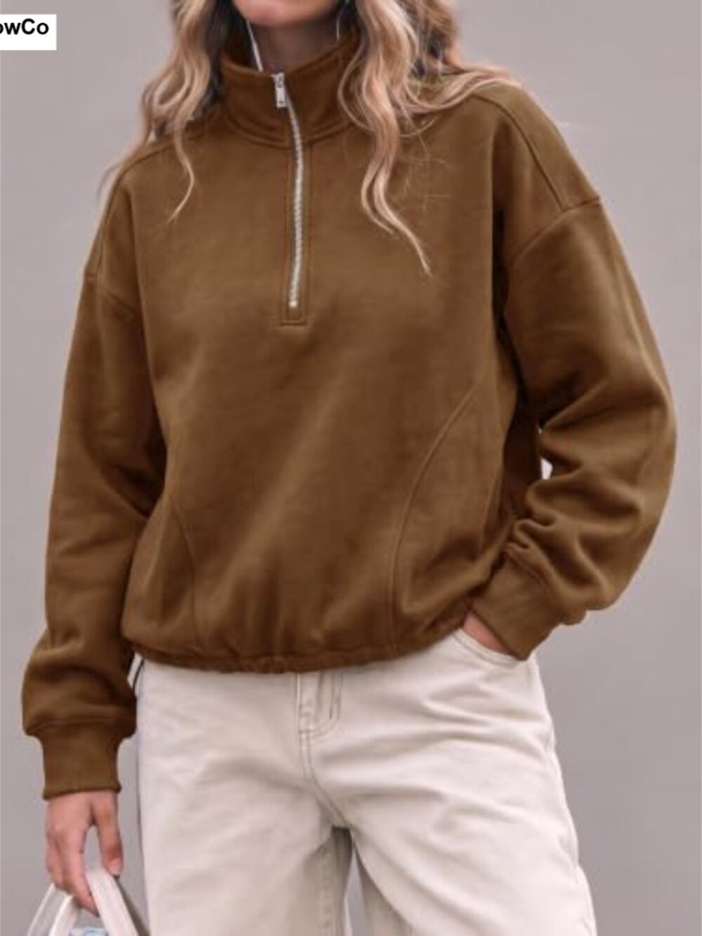 Oversized Half Zip Fleece Sweatshirt Pullover Drawstring Hem Women - Picture 2 of 5
